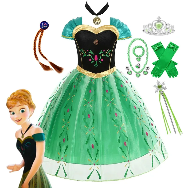 

Disney Green Anna Dress for Kids Girl Halloween Princess Disguise Party Clothing Girls Hallloween Anna Gown Prom Dress