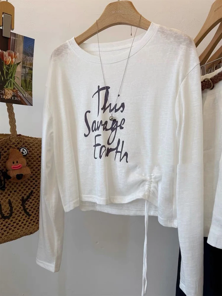 Y2K الرباط التي شيرت المرأة الكورية غطاء للحماية من الشمس إلكتروني طباعة طبقة فضفاضة الصيف