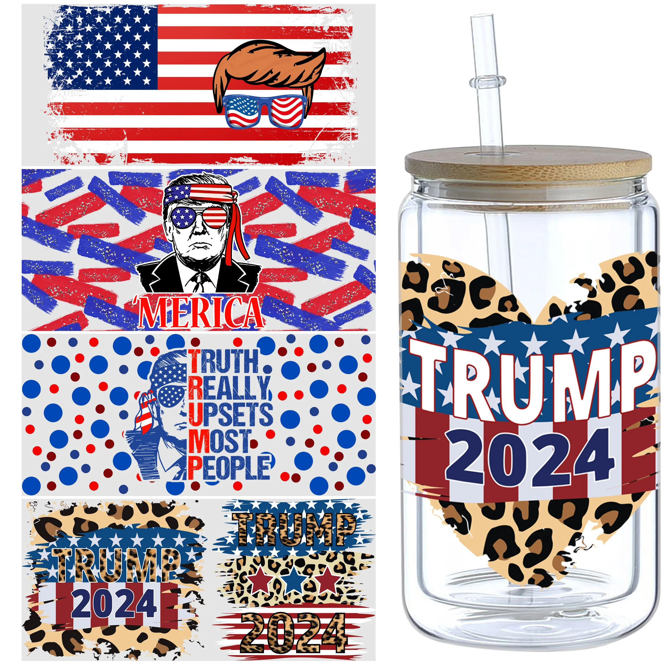 5 Sheets Trump UV DTF Cup Wrap,Sport DTF Transfer Stickers for Glass Cup,Waterproof 2024 Rub on Transfers for 16 oz Glass,Mugs