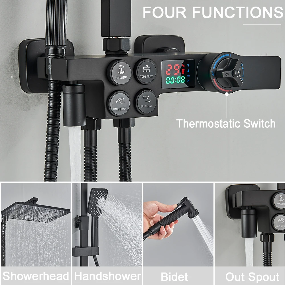 Черный термостатический ЖК-смеситель для душа, набор температурного дисплея, смеситель для ванны с осадками и полкой для ванной, электричество от воды быстрая доставка