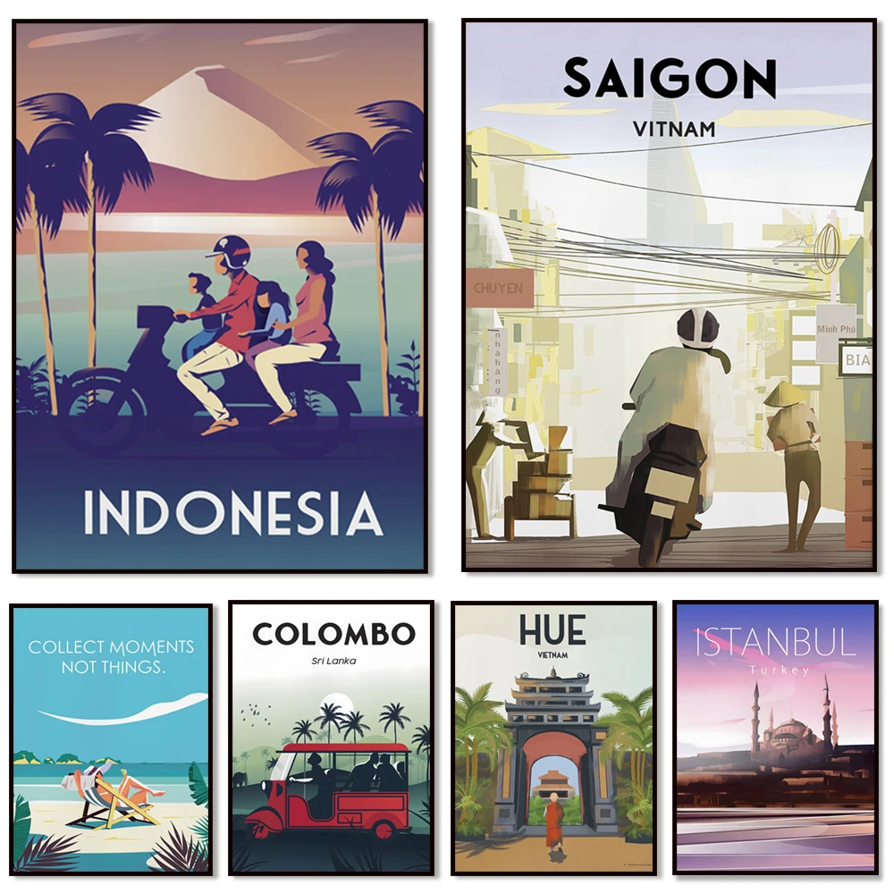 Sri Lanka Colombo, Camboya, Mongolia, Phuket, Turquía, Saigon Vietnam, Corea, Singapur, Maldivas, Indonesia cartel artístico de viaje