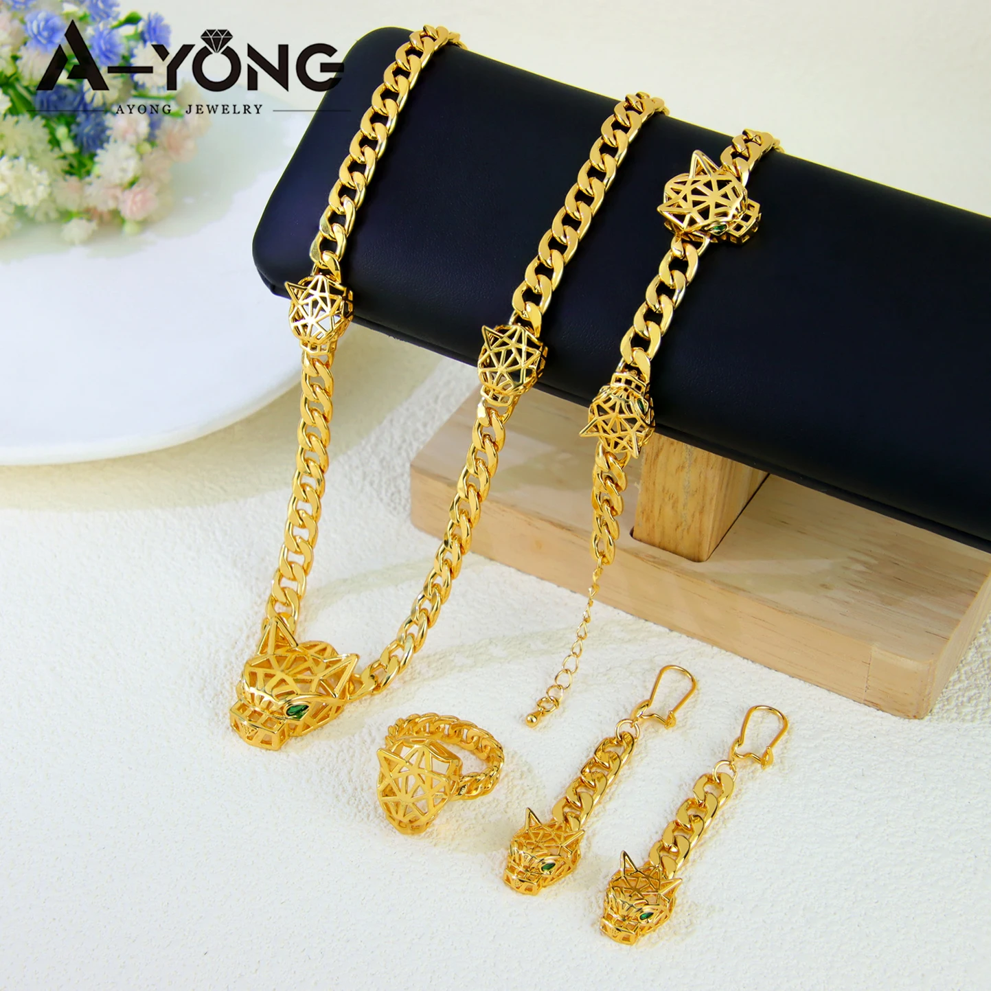 Luxus Dubai Gold Farbe Leopard Anhänger Halskette Set 21k Gold Überzogene Italienische Mode Panther Colliers Saudi Party Schmuck – Detail 2