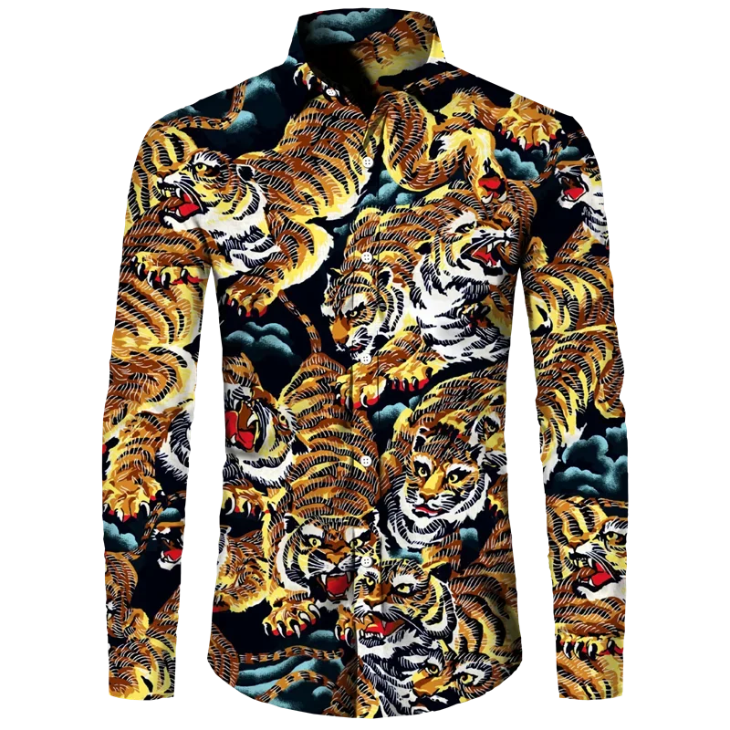 3D Printed Tiger Men\'s Turn-down Collar Button Shirt Chinese Style Vintage Long Sleeve Tops Hawaii Party Streetwear Shirts Tees