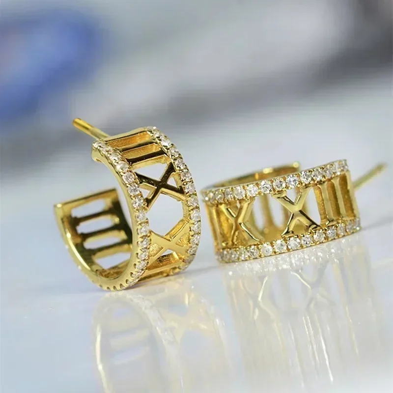New High end Micro inlaid Zircon Earrings with Roman Digital Design, Fashionable Atmosphere, French Style Matching Accessories