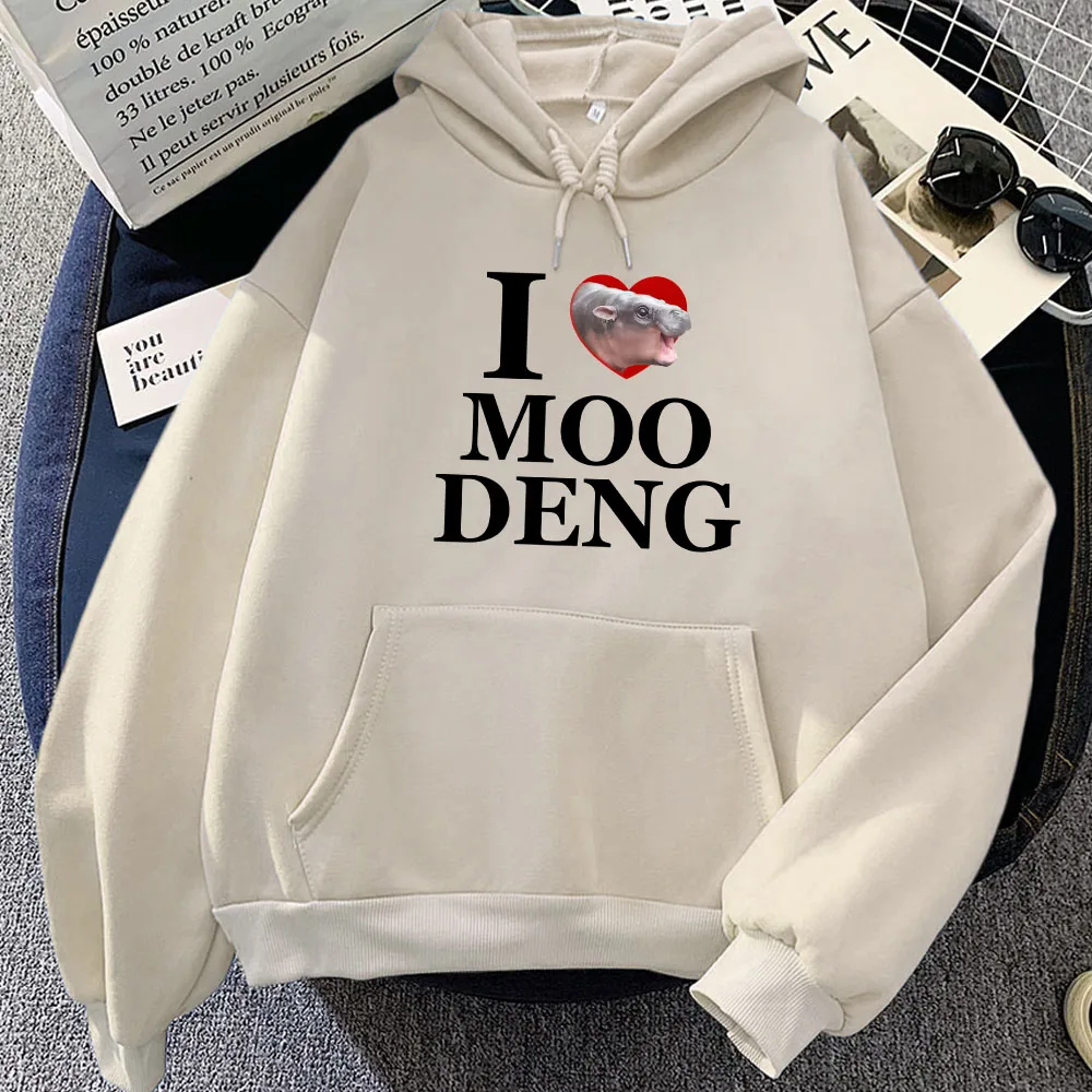 Girls Cartoon Graphic Hoodies I Love Moo Deng Hippo Kawaii Sweatshirts Women/Men Clothes Pocket Winter Warm Unisex Pullovers