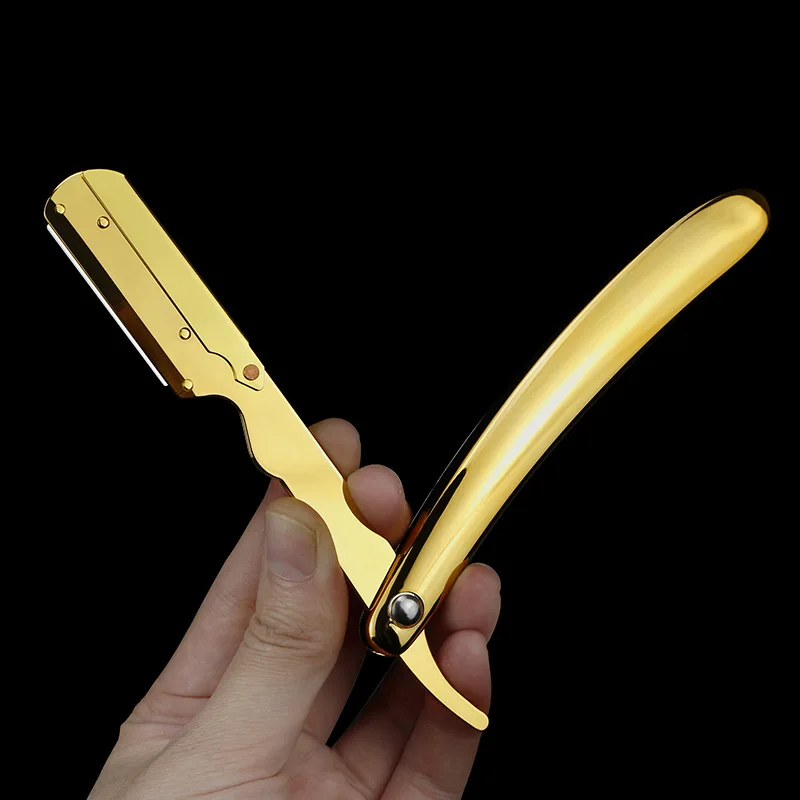 Stainless Steel Razor With 10 Shaving Blades Electroplated Gold And Silver ABS Handle Men's Manual Folding Shaver Barber Knife