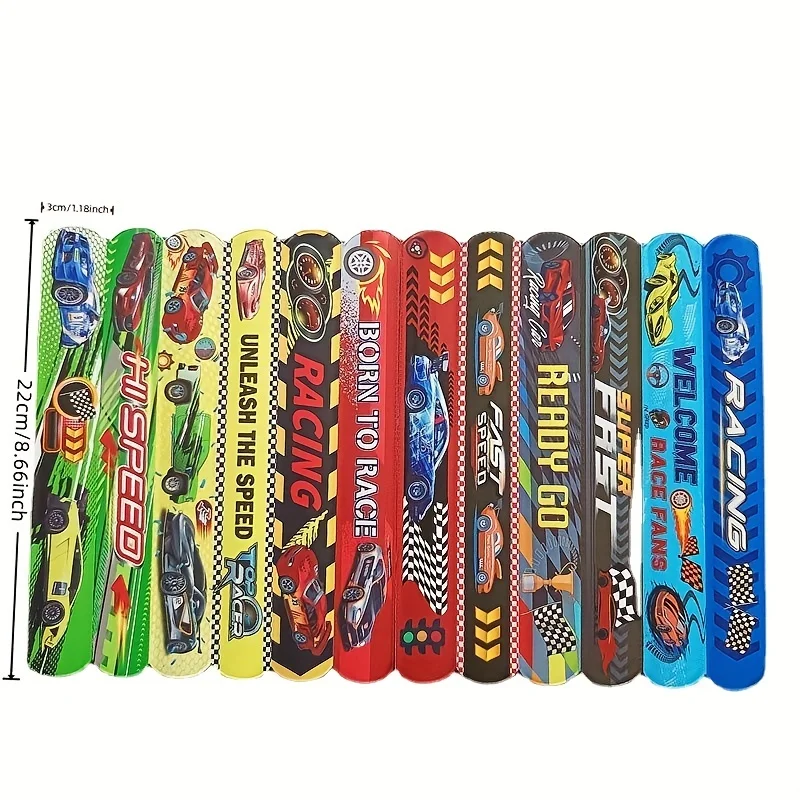 12Pcs Racing Car Theme Slap Circle Glitter Sequins Slap Pop Circle Bracelet For Baby Shower Birthday Party Decor Gifts