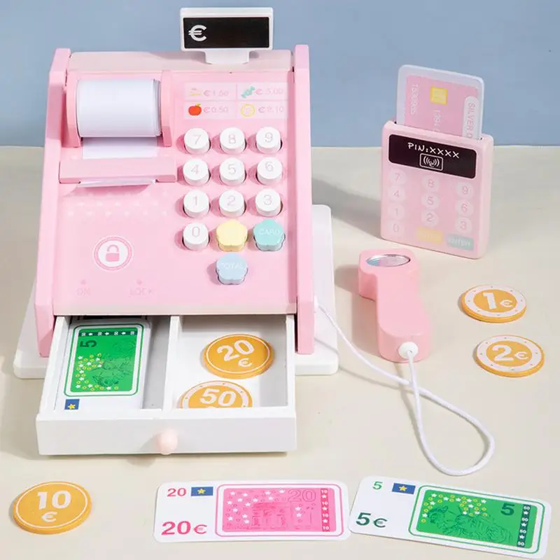 Wood Toy Cash Register Pretend Play Money Counting Toys Cash Register Play Money Strong Cashier Toy With Scanner And Credit Card