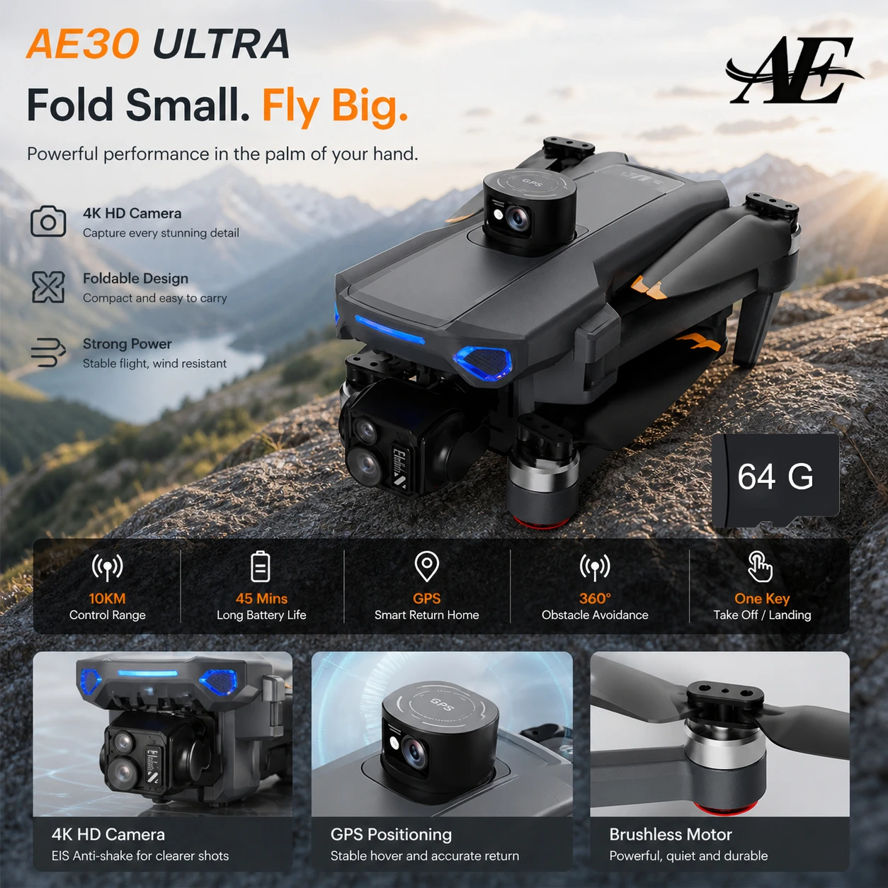 

AE Edward AE30 GPS 64G drone 8K camera high-definition large screen three-axis gimbal laser obstacle avoidance airdrop aircraft