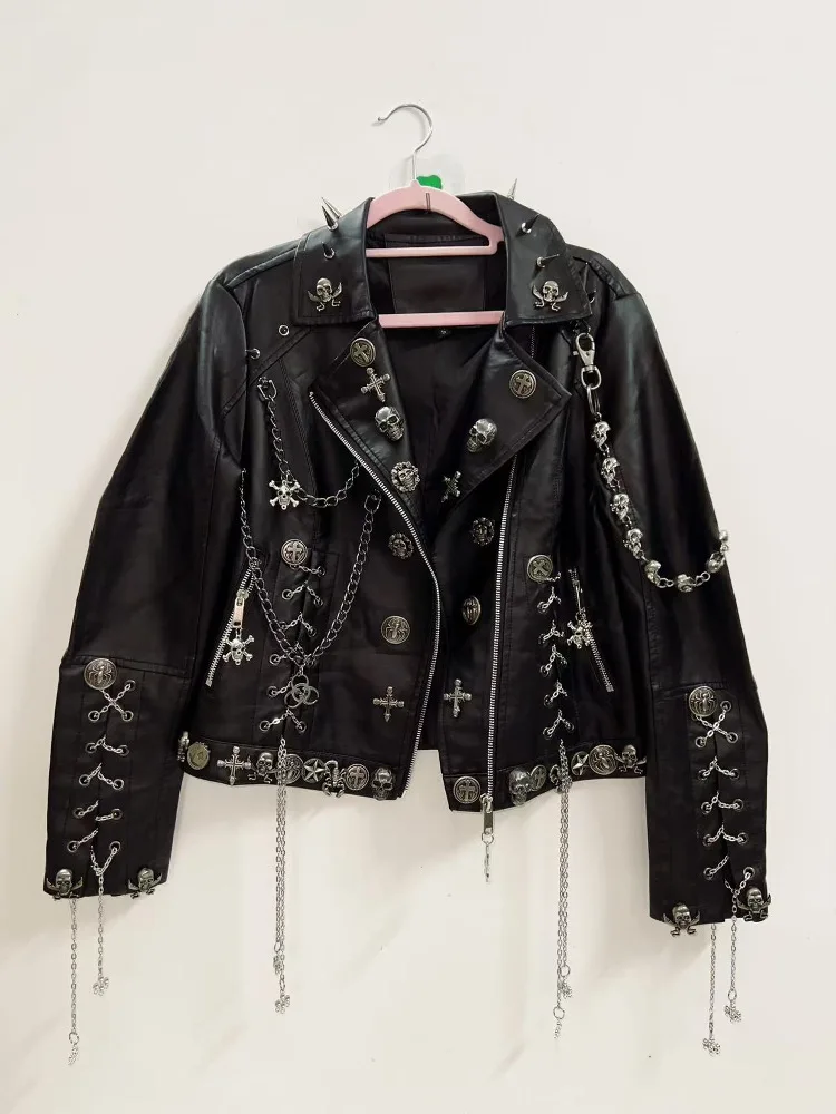Punk Rock Heavy Metal Rivet Chain Skull Head Dark Style Leather Jacket Street Fashion Short Coat Women's Autumn Winter Coat