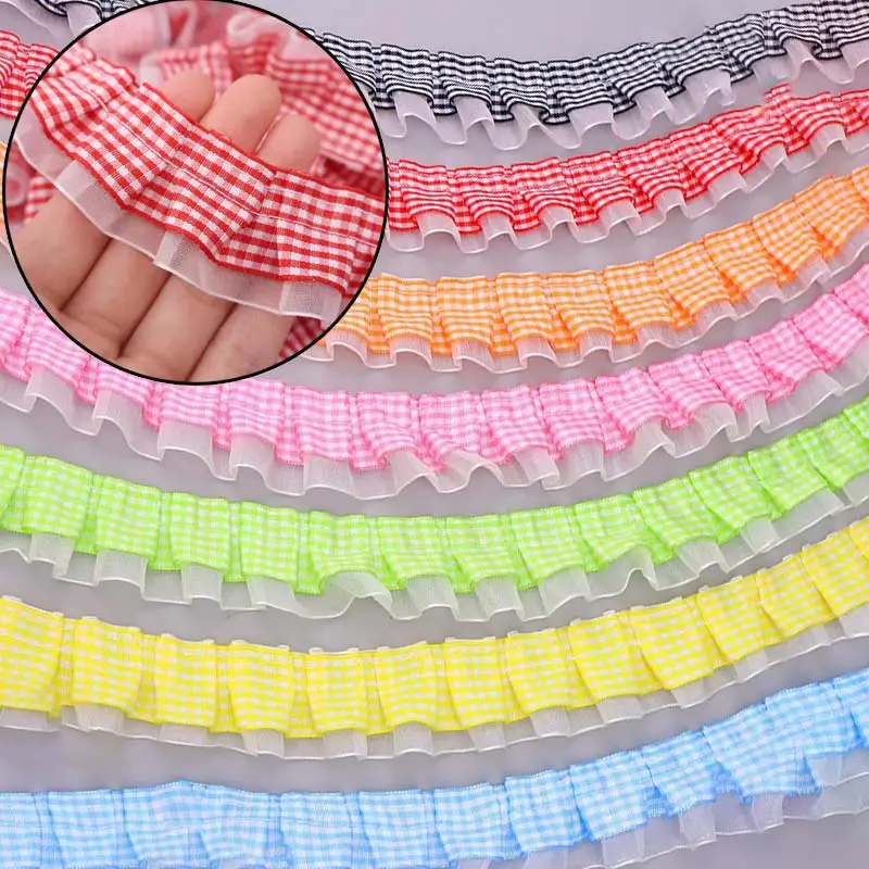 1-10 Yards Gingham Ruffled Lace Trim 3.5cm Wide Double Layer Pleated Lace Ribbon Organza with Checkered Fabric Lace for DIY Sew