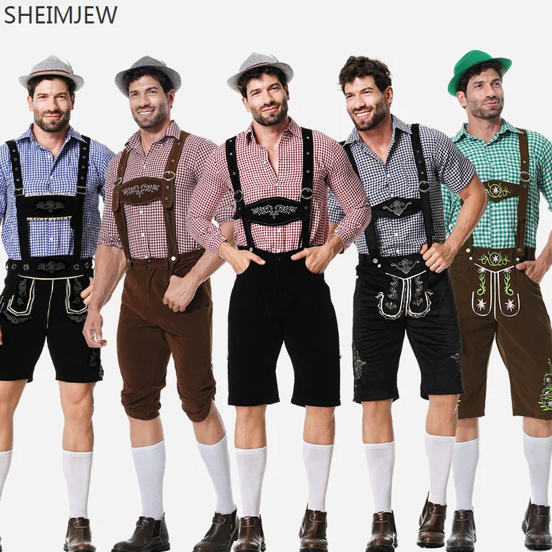 Bavarian German Beer Festivals Suspenders Shirt Men Oktoberfest Lederhosen Costumes Carnival Adult Cosplay Plaid Shirt Beer Wear