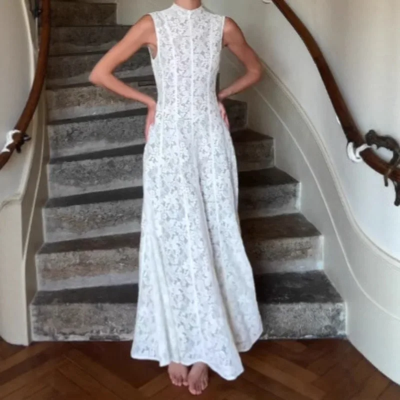 

2026 Niche Spring and Summer Fashion Temperament White Lace Crochet Crew Neck Vest Dress Long
