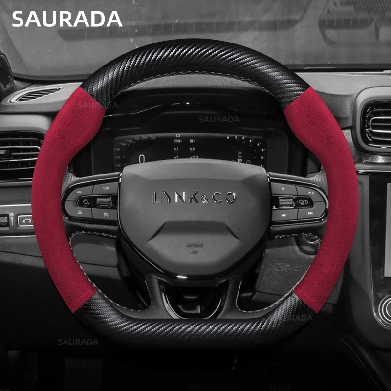 38cm For Lynk & Co 01 2021 2022 2023 Car Styling Carbon Fiber Suede Car Steering Wheel Cover Breathable Teering Auto Accessories