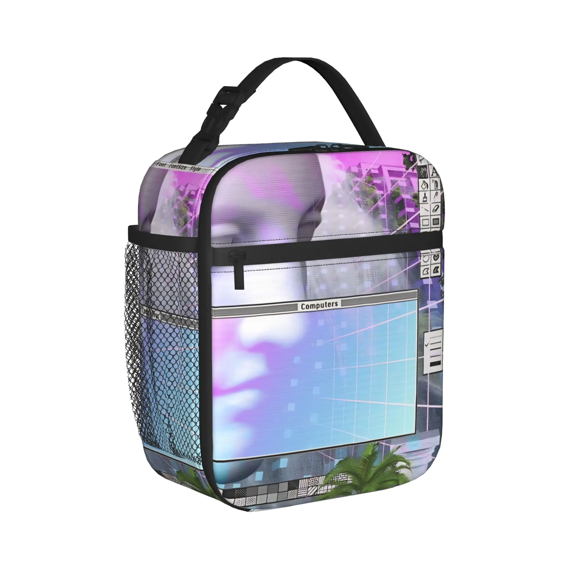 Frutiger Aero World Vaporwave Lunch Bag For Child  Graphic Lunch Box Funny Travel Cooler Bag Portable Tote Food Bags