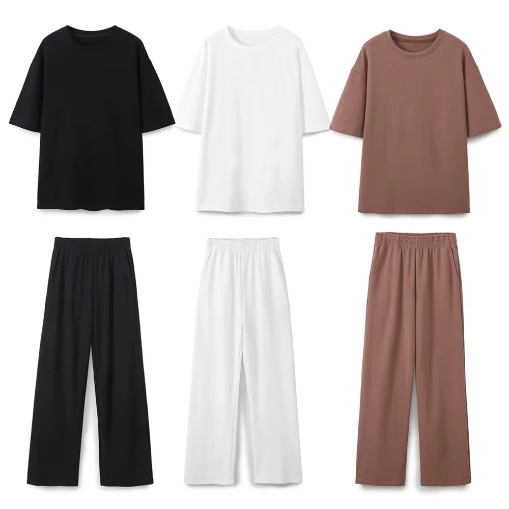 Europäischer und amerikanischer Stil Damenbekleidung Neu 2024 Lässiges, vielseitiges, einfarbiges Rundhals-T-Shirt mit hochtaillierter Hose im Set
