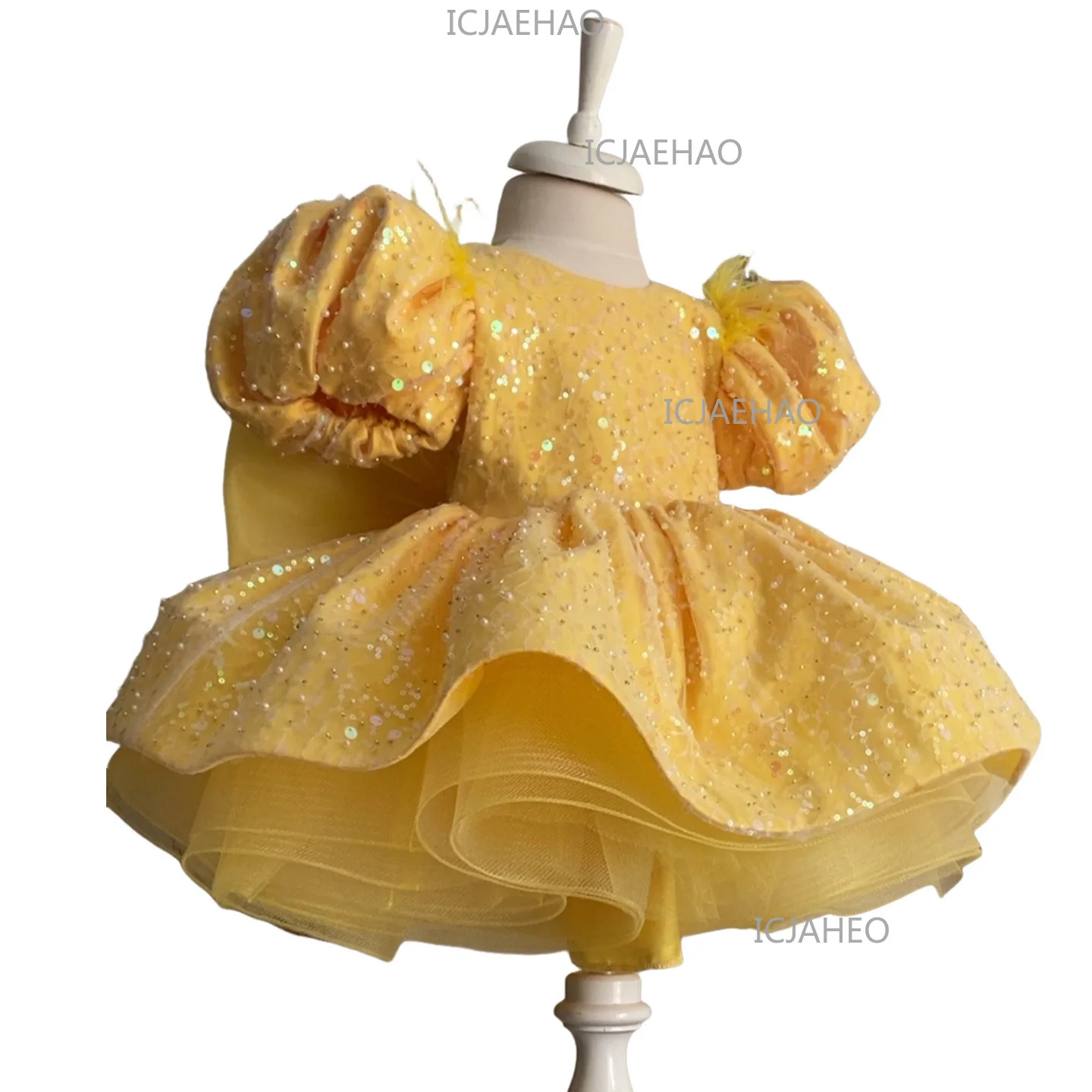 Sequin Puff Sleeve Princess Dress Kids Birthday Catwalk  Elegant Little Kids Performance Dance Performance Gown Yellow New Style