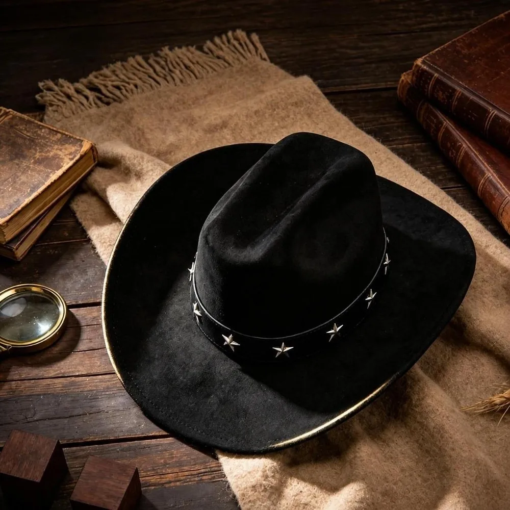 Cool Roll Up Brim Cowboy Hat Star Decoration Solid Color Wide Brim Hat Wide Brim Cropped Jazz Hat Travel Outfit