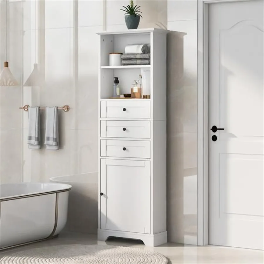 

White Tall Storage Cabinet with 3 Drawers and Adjustable Shelves for Bathroom Kitchen and Living Room MDF Board with Painted Fi