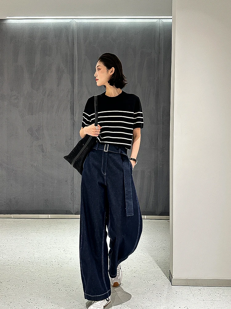 

Легкие джинсовые брюки с изогнутым поясом для ранней весны, модные повседневные прямые брюки из смесового хлопка для женщин