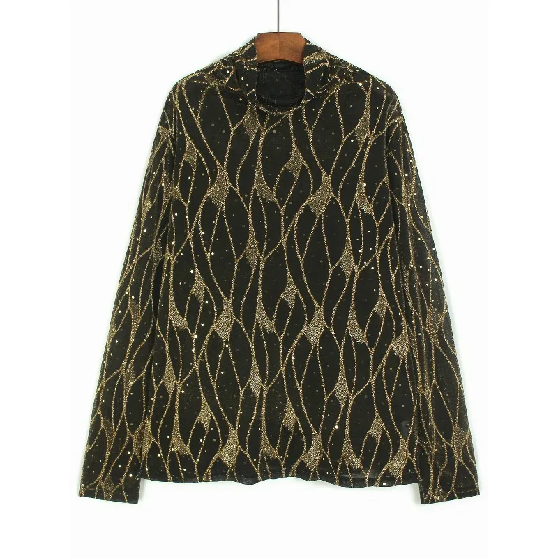 

SuperAen элегантная яркая шелковая футболка с длинными рукавами и воротником-стойкой, эластичная трикотажная футболка для женщин, осень 202, новые топы