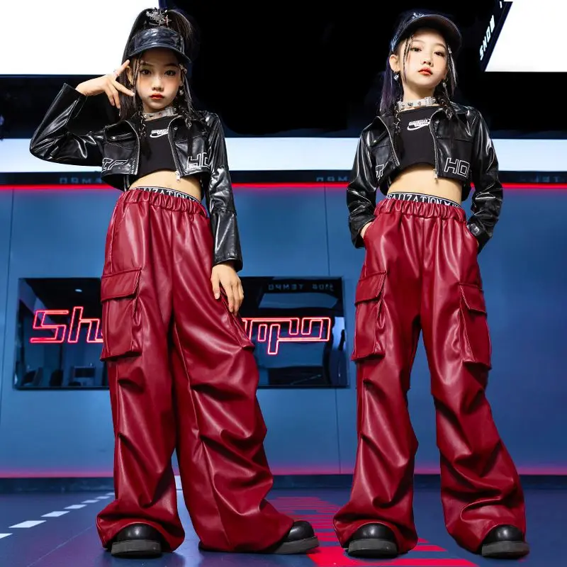 แจ๊สเครื่องแต่งกายเด็ก Street Dance เสื้อผ้าสาว Hip Hop แฟชั่นชุด Kpop ชุดเวทีสีดําเสื้อกางเกง