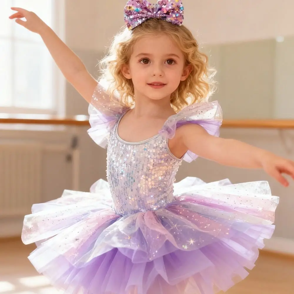 ファッションスパンコールキッズバレエドレスふわふわパーティードレスパフォーマンス服モダンダンス衣装ダンス