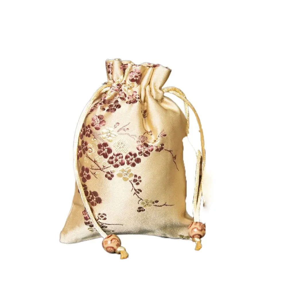 Retro Satin Storage Bag Embroidered Flower Women Sachet Drawstring Tie Drawstring Gift Bag Ladies