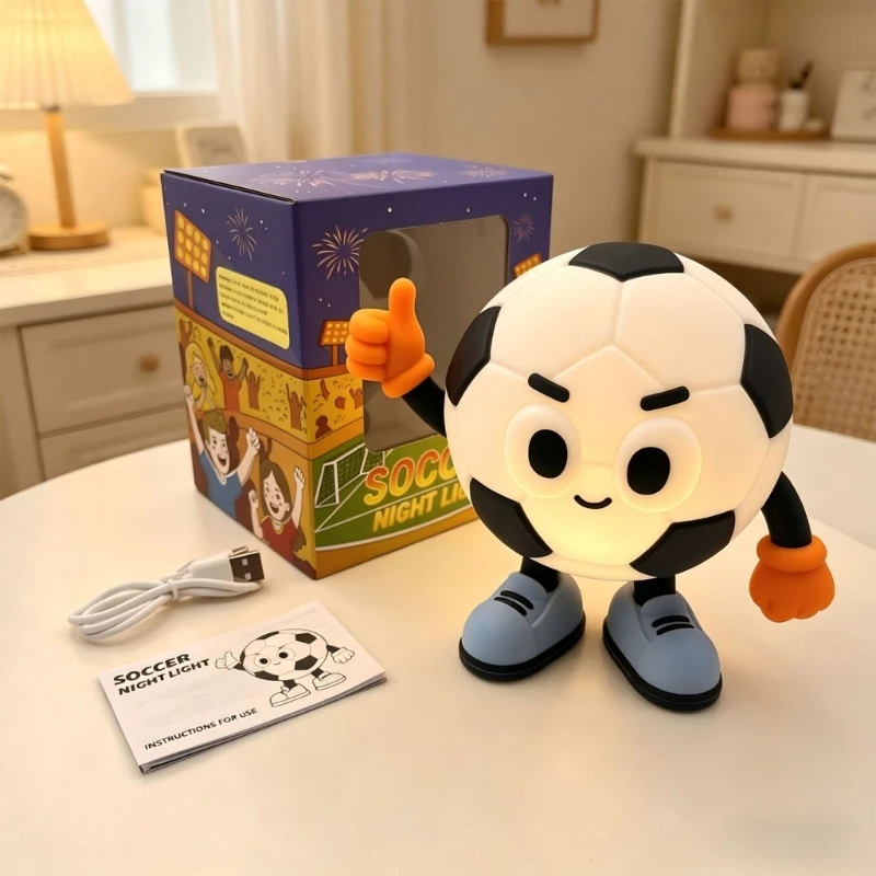 Rechargeable Soccer Night Light for Kids Room, Touch Control Bedside Lamp with Timer and Gentle Multi Light Modes 87HA