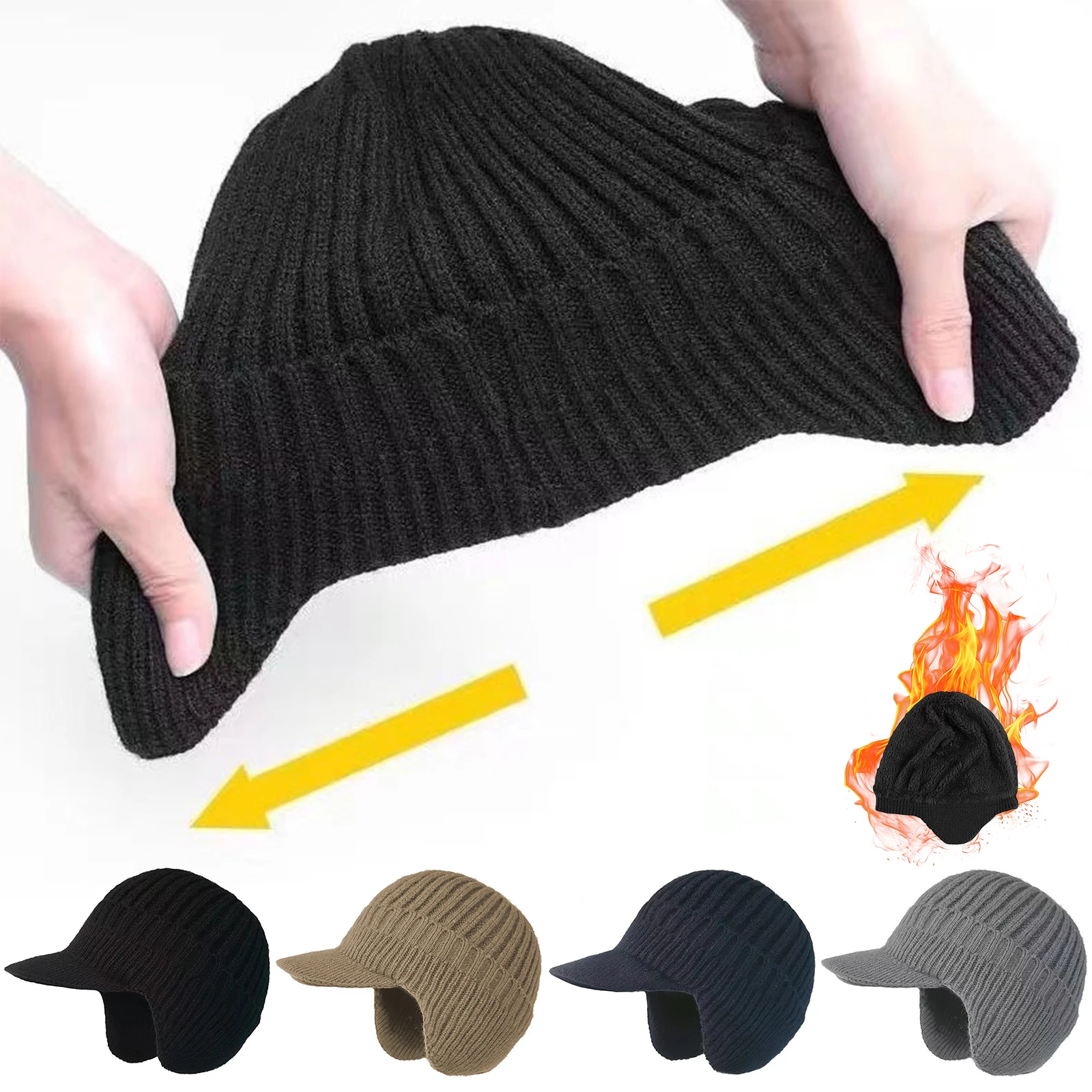 Outdoor Warm Fleece Lined Knit Hat with Brim and Ear Flaps Stocking Caps Soft Beanie Hat Thick Winter Knitted Hats for Daily
