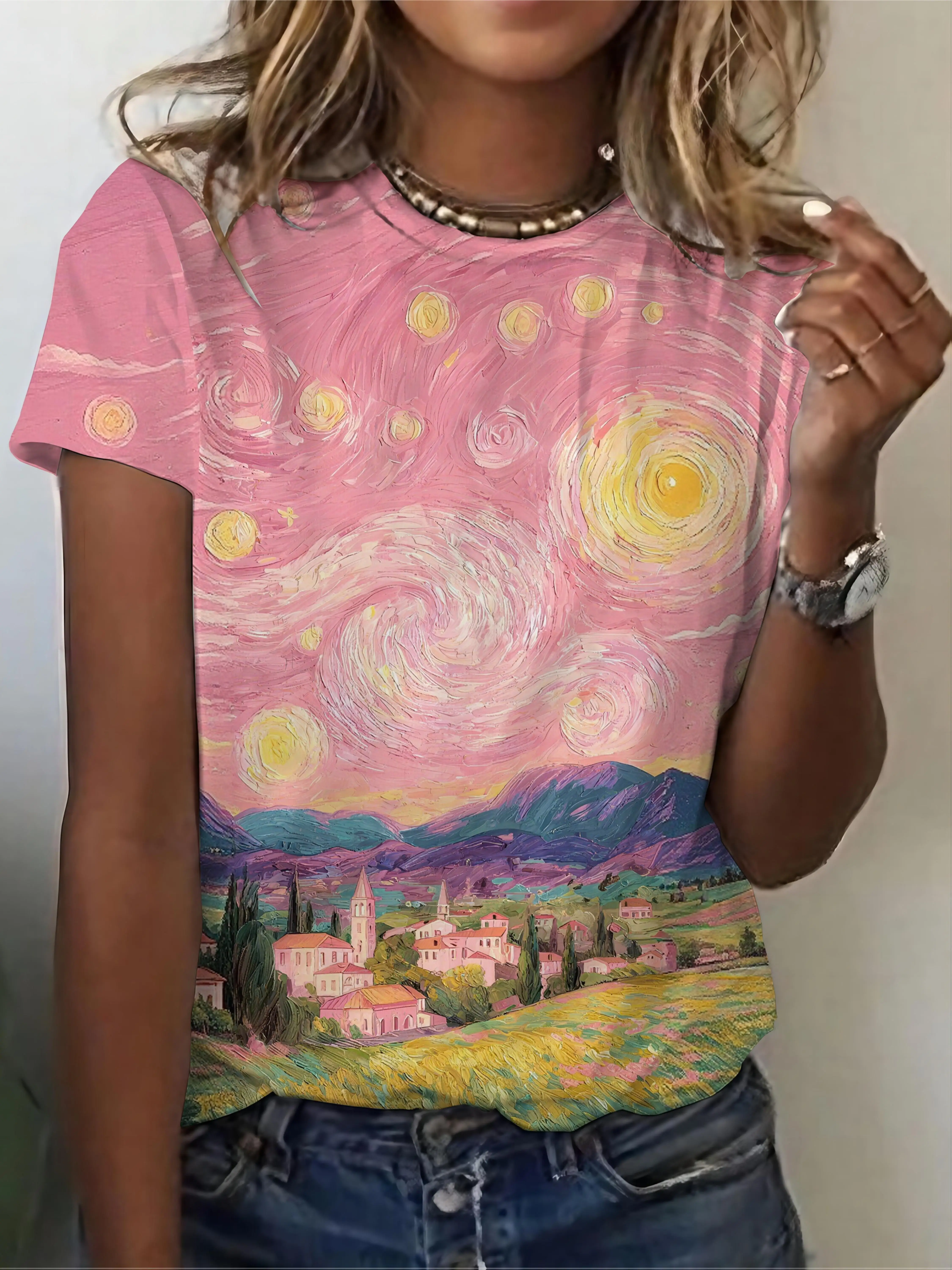 Women Crew Neck Short Sleeve T-shirt Pink Van Gogh Style Starry Sky Village Oil Painting Print Casual Artistic Summer Daily Top