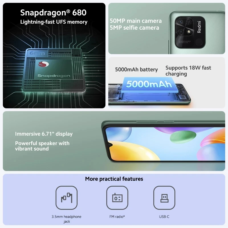 Xiaomi-Redmi 10c携帯電話,グローバルバージョン,4GB RAM,64GB ROM,128GB rom,snapdragon 680 CPU,オクタコア,50MPバックカメラ,5000maバッテリー