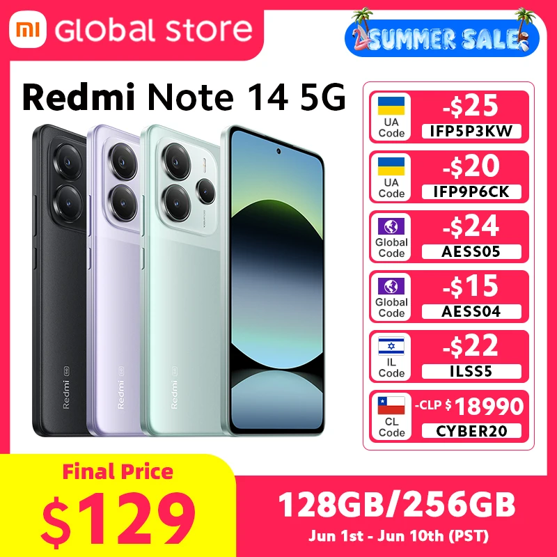 Global Version Xiaomi Redmi Note 14 5G Smartphone NFC 6GB / 8GB RAM MTK Dimensity 7025-Ultra 45W Turbo Charging 108MP Camera