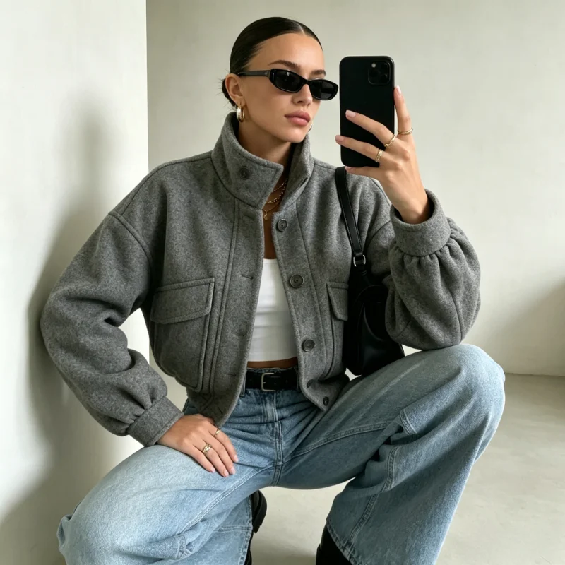 New Fall Chic Women Old School Cropped Jacket Stand Collar Single Breasted Batwing Sleeve Cargo Pocket Loose Short Outerwear