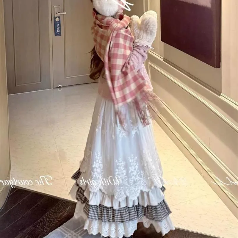 Japanse Vintage Zoete Y2k Mid-lengte Patchwork Rok voor Vrouwen Winter All-Match A-lijn Faldas Mujer Moda Kawaii rok