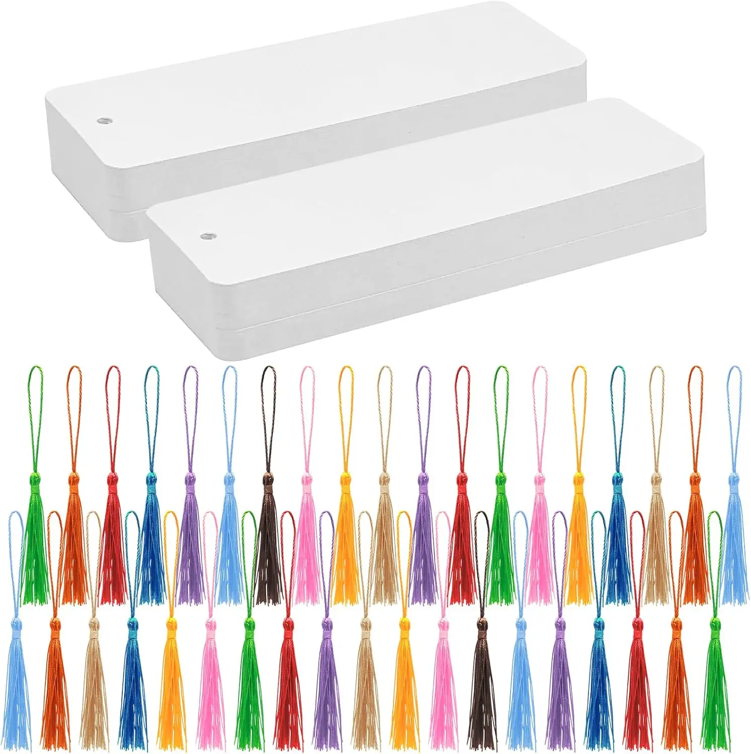 

100 Pack Blank Bookmarks with Colorful Tassels, White Cardstock Book Marks for DIY Projects, Gift Tags, 5.5 x 2 Inch