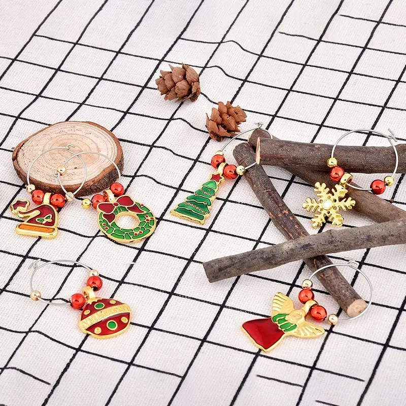 مجموعة حلية زجاجية للنبيذ ، علامات كوكتيل ، علامات نظارات الشمبانيا ، زينة عيد الميلاد ، مجموعة من 6