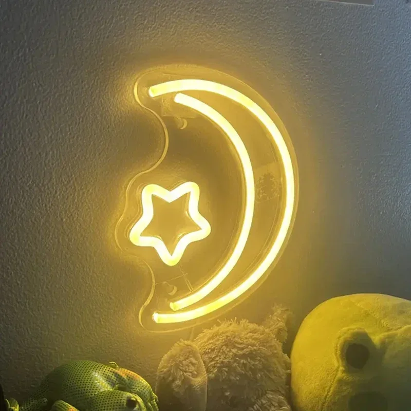 Moon Star Neon Sign Wall Decor for Bedroom, USB Powered 3D Art Neon Sign Light Wedding Bar Party, Gift for Kids Children Girl