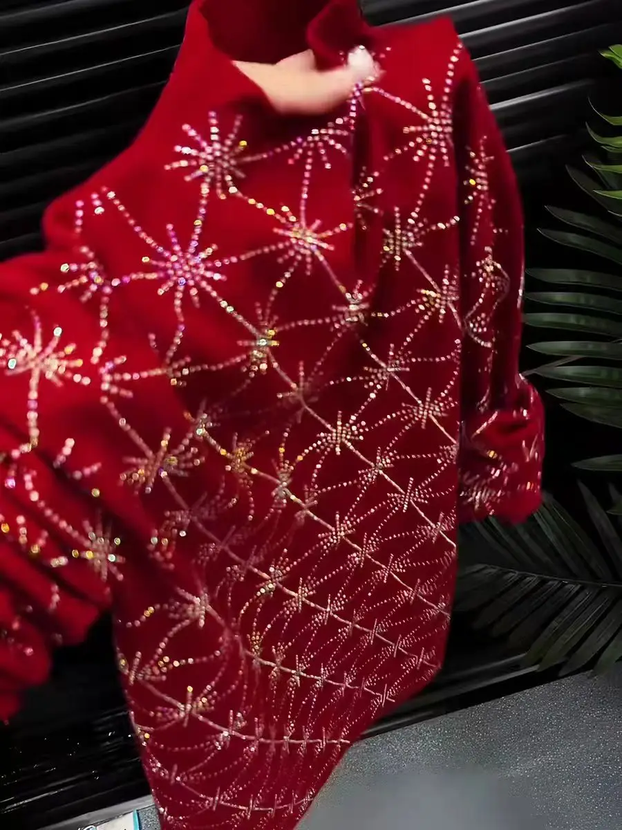 Luxury Style Sparkle Diamonds Hot Drilling Wine Red Sweater for Women Autumn/Winter Knitwear Pullovers pull femmes 2025 Trend