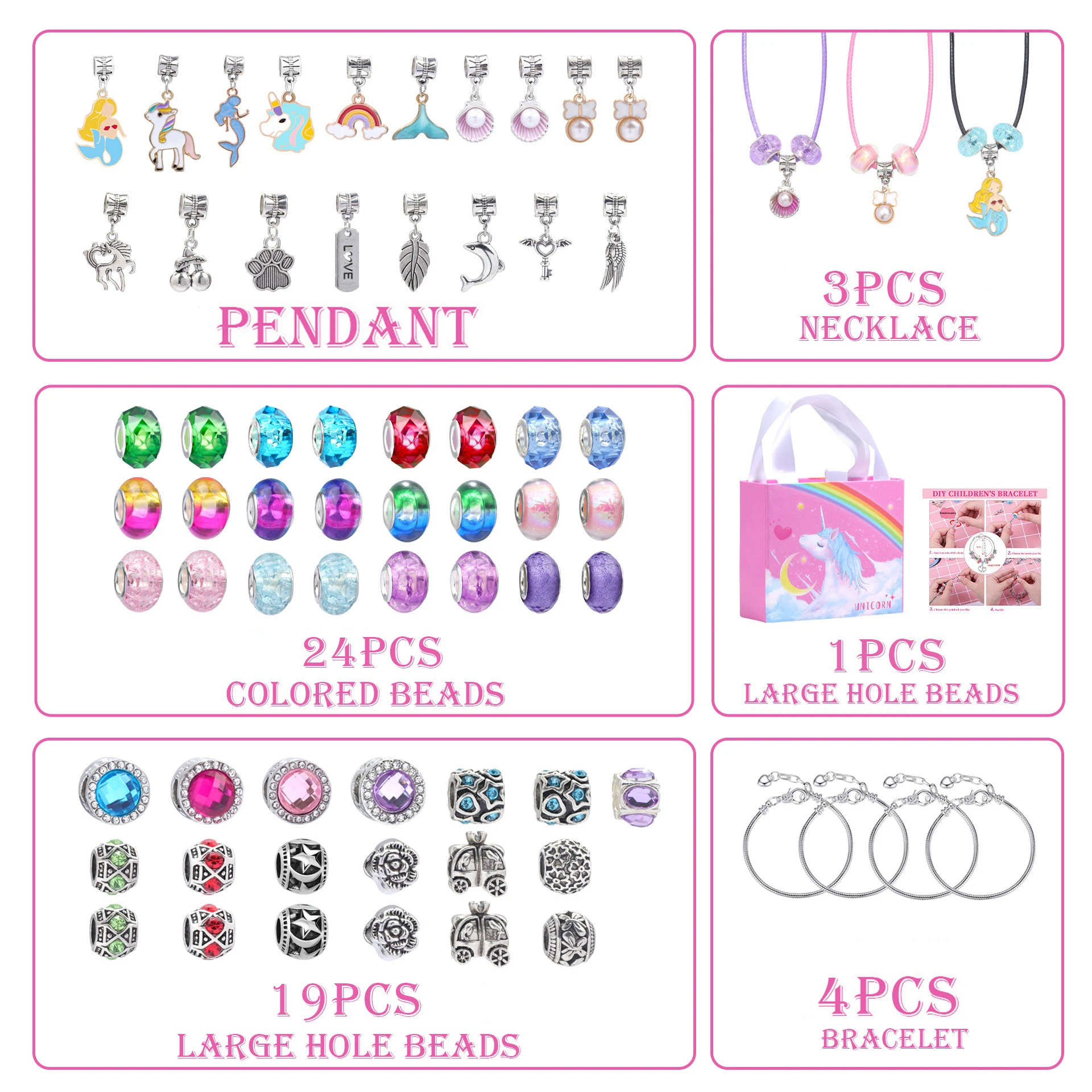 مجموعة أساور يدوية مكونة من 68 قطعة من الرسوم المتحركة يونيكورن، مجموعة هدايا عيد ميلاد حرفية مطرزة ملونة مع خرز بفتحة كبيرة وزخارف وإكسسوارات