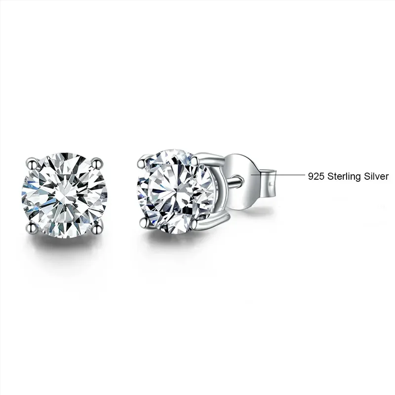 Round White Zircon Stud Earrings 925 Sterling Sliver Stud Earrings 6mm to 8mm Girlfriend\'s Gift