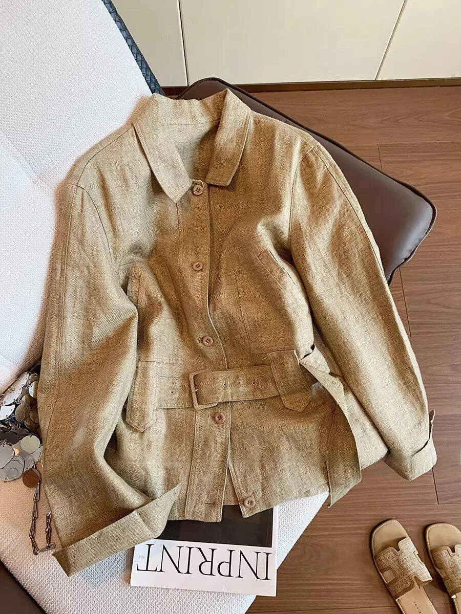 

Slimming Long Sve irt Coat Women's Retro Sle Stand Collar Spring Faion Waist Cinched Trendy Korean Version Linen Mat...