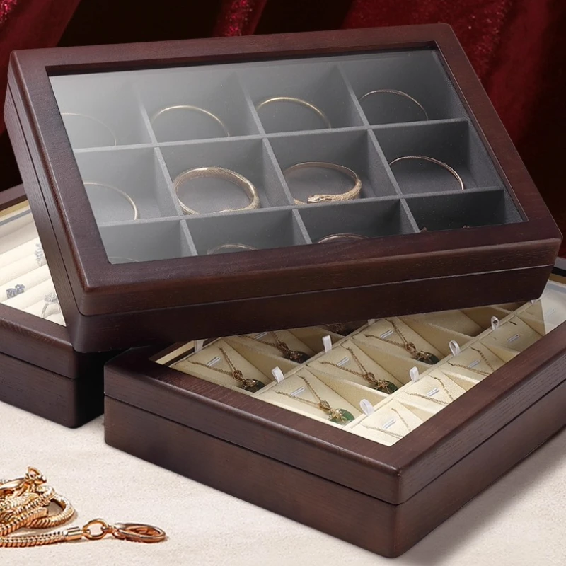 صندوق مجوهرات شفاف من الخشب الصلب، منظم كبير وخاتم وقلادة، حقيبة تخزين مبطنة بالمخمل، صندوق كنز رائع