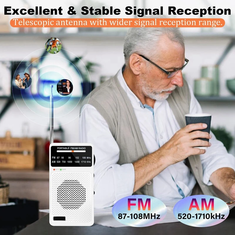 Portable AM FM Radio, Pocket Radio with Speaker & Headphone Jack,Mini Transistor Radios with Back Clip for Elderly White-ELEC