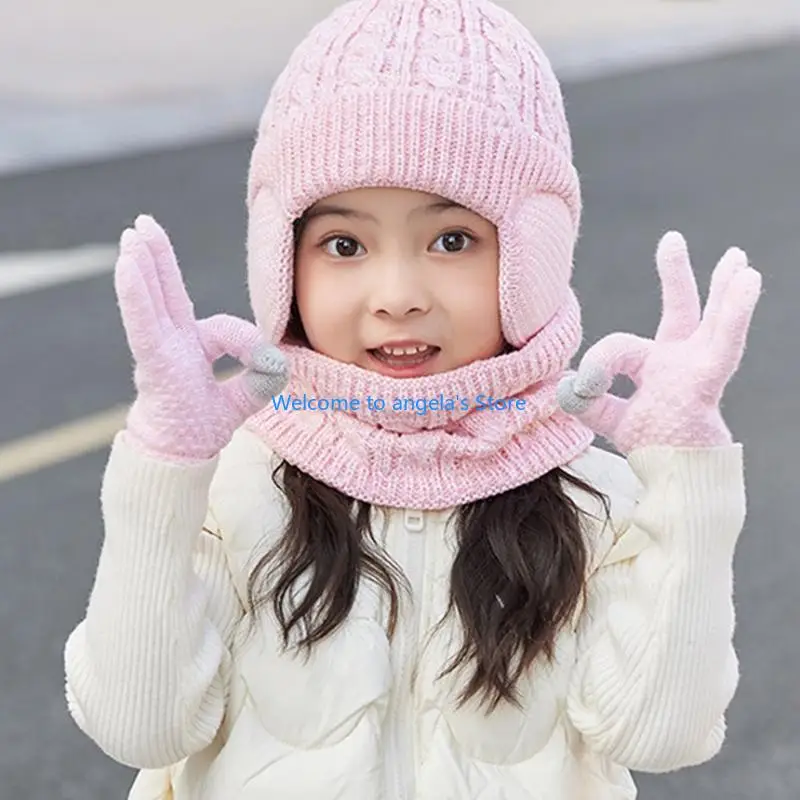 X4YC Trẻ Mùa Đông Mũ Găng Tay Khăn Bộ Bé Gái Thời Trang Bé Trai Với Earflaps Giữ Ấm Cổ Tem Mạc Găng Tay Hở Ngón Ấm