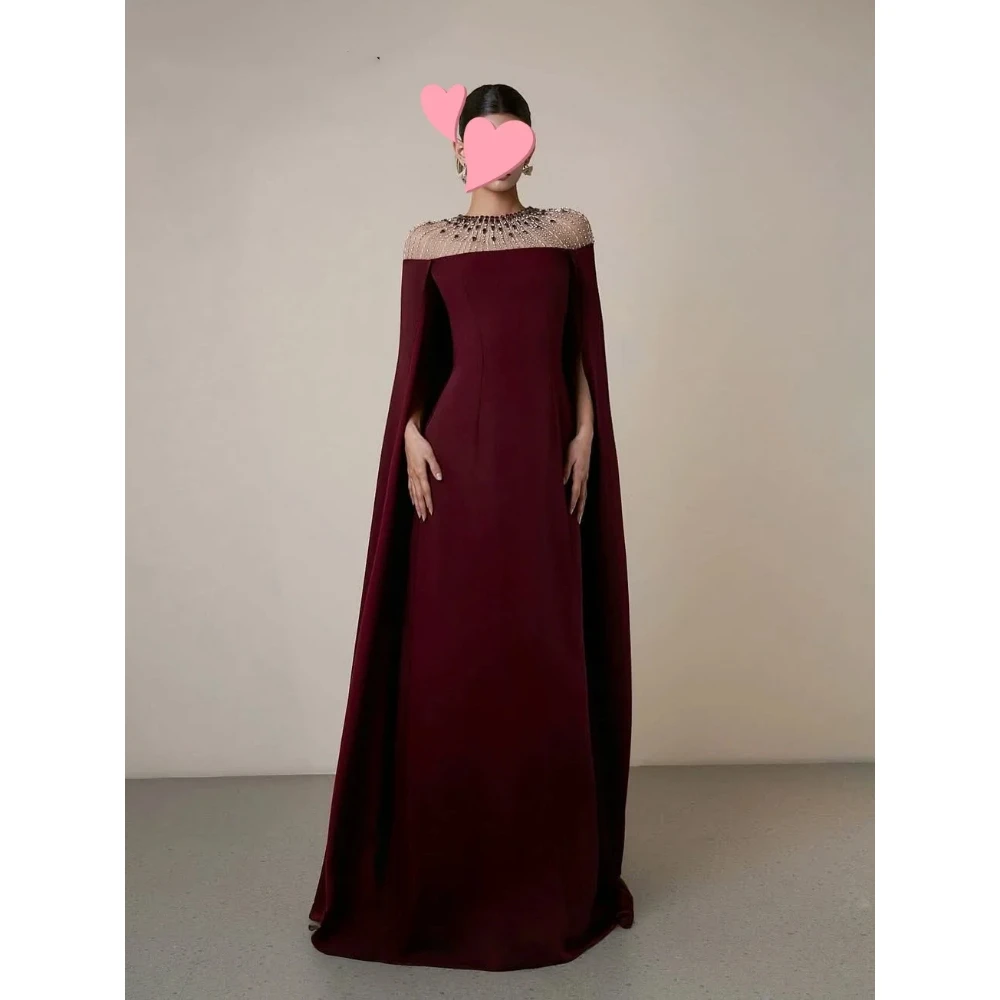 

Burgundy Evening Dress Customized Illusion O-Neck Bead Crystal Jersey A Line Evening Gowns Floor Length Formal Party Dresses