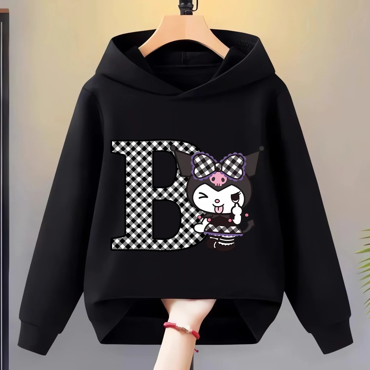 Kuromi Thick Hoodie for Children A-Z Letter Cartoon Clothes Black Warm Fleece Hoody Clothes Fashion Sweatshirt Tops Kids Gift