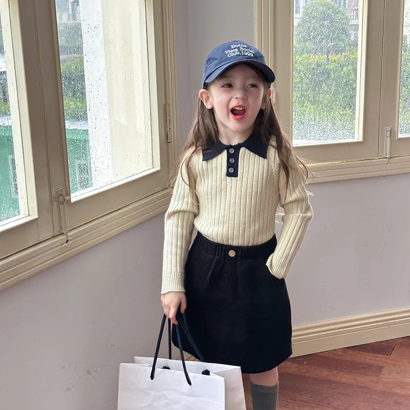 

Girls and Babies Wearing Sweaters Outside Children Korean Slim Fit Turn-down Collar Contrasting Color Knitted Sweater Top