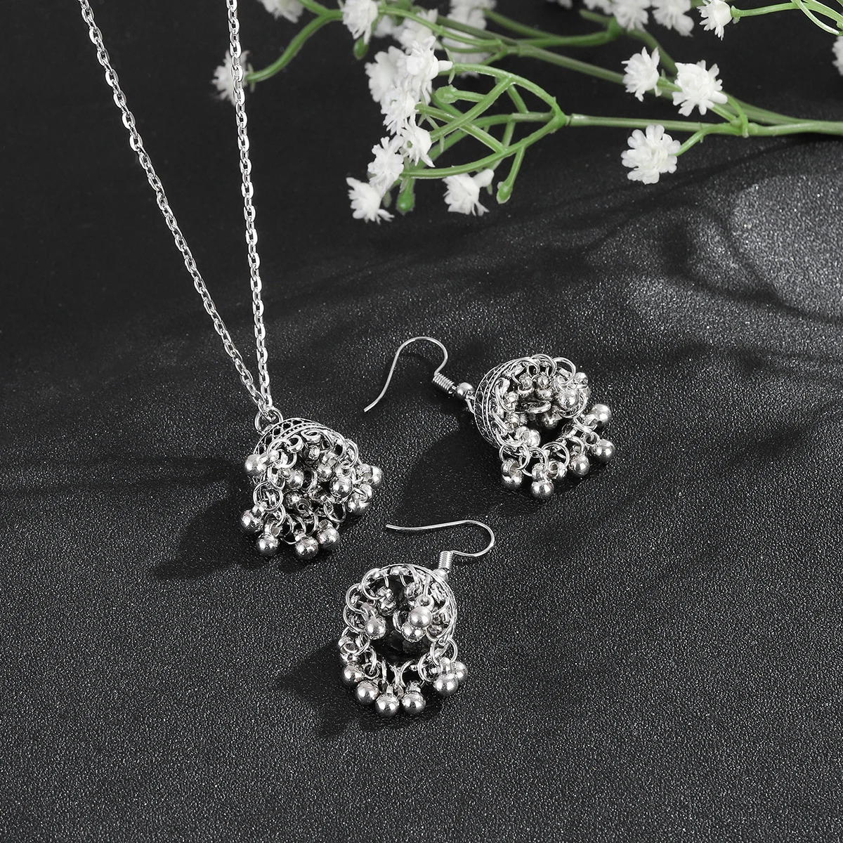 Ethnic Indian Wedding Jewelry Set for Bride Silver Color Carved Bells Necklace&Earring Vintage Dangle Earrings Gifts