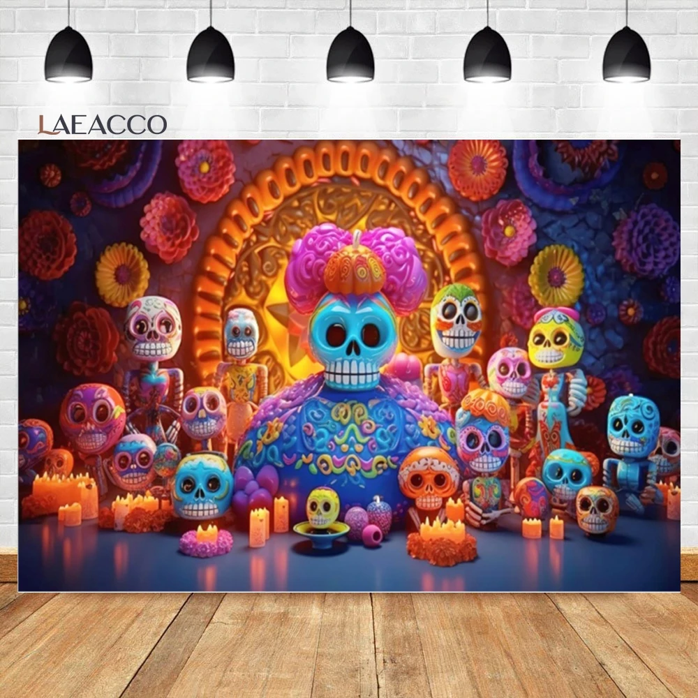 Laeacco Day of The Dead Backdrop Sugar Skull Dia De Los Muertos Mexican Fieasta Dress up Festival Party Photography Background